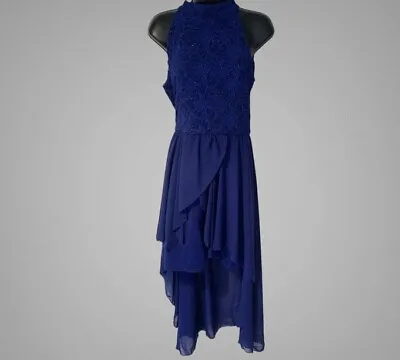 Quiz Blue Glitter High Neck Asymmetrical Hem Party Evening Prom Dress Size 14 • £29.99