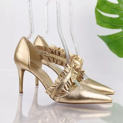 Michael Kors Women's Bella Pump Size 7.5 Pointed Gold Leather Heels Ruffle Strap • $54.39