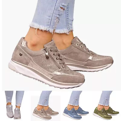 Women Zip Lace-Up Trainers Ladies Comfy Gym Sport Running Shoes Joggers Sneakers • £26.79