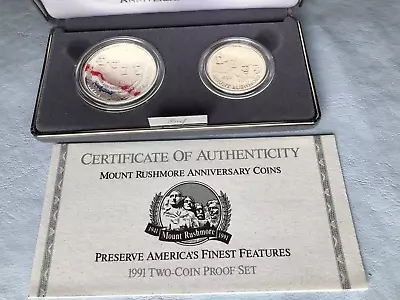 1991 2-Coin Proof Set Mount Rushnore Silver Dollars W/Box And COA • $35.57