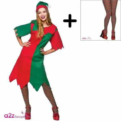 £14.99 • Buy Ladies Elf DRESS + HAT + RED & GREEN TIGHTS Adult Christmas Festive Fancy Dress