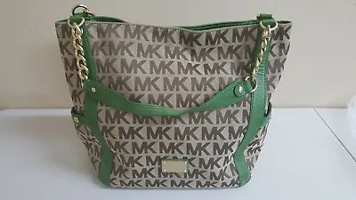 RARE Michael Kors Signature Jet Set Large Green Trim Gold Monogram Tote Bag  • $199.99