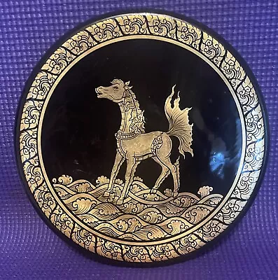 Vintage Burma Handpainted Gold Leaf Horse W Waves Black Lacquer Plate • $10