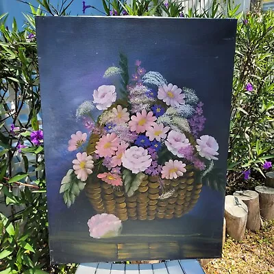 GORGEOUS Vintage Floral Oil Painting BASKET Of Flowers • $50