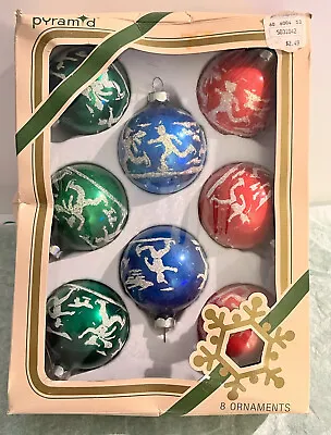 $34.95 • Buy Vintage Pyramid Box Of 8 Glass Christmas Ornaments Mica Glitter Ice Skaters