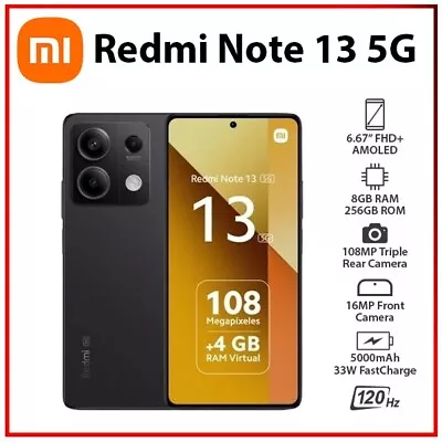 (Unlocked) Xiaomi Redmi Note 13 5G 8GB+256GB BLACK Dual SIM Android Mobile Phone • $465