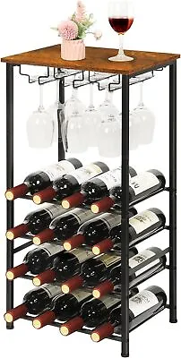 Wine Rack Freestanding Wine Rack Table With Glass Holder 16 Bottle Wine Bar Rack • $36.99