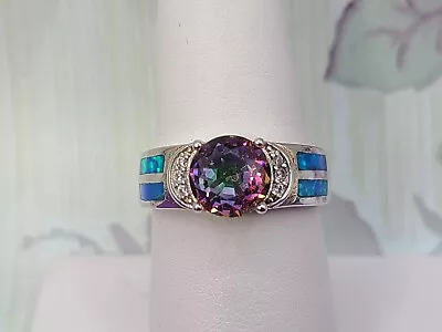 Sterling Silver 925 Mystic Topaz Blue Opal Accent Ring Sz 7 • $32.99