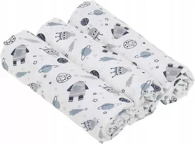 ✅ 3 Pack LARGE COTTON BABY MUSLIN SQUARES CLOTHS COMFORTER BLANKET ROCKET PLANET • £7.99