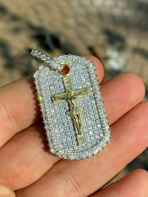 $242.15 • Buy 2.00 CT Round Cut Moissanite Dog Tag Cross Men's Pendant 14K Yellow Gold Plated