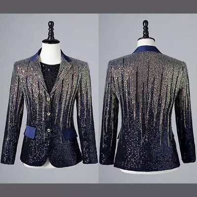 Men's Sequin Tuxedo Jacket Suit Blazer Party Prom Coat Top Showman Costume Shiny • $67.88