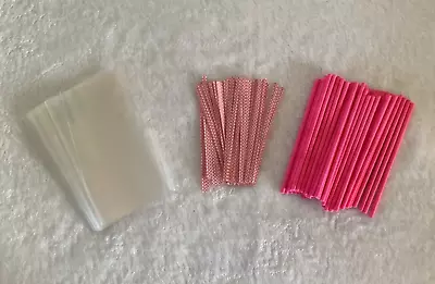 50 X PINK CAKE POP KIT 4.5  PAPER LOLLY STICKS 3x5  CELLO BAGS & POLKA DOT TIES • £4.50