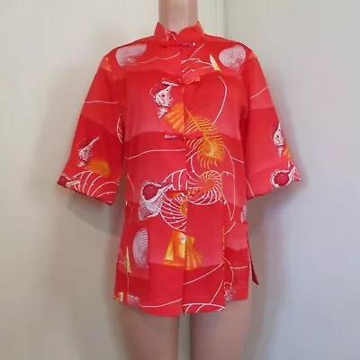 Vintage 60's Red Satin Seashells & Sailboats Mandarin Collar Blouse Size 12 • $30