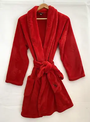 VICTORIAS SECRET Red Soft Plush Robe Tie Waist Monogram Black Piping Size XS/S • $18.95