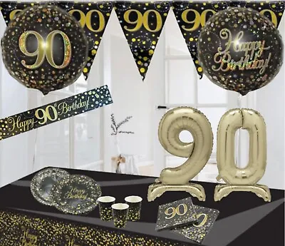 Age 90th & Happy Birthday Black Gold Party Decorations Bunting Banners Balloons • £8.49