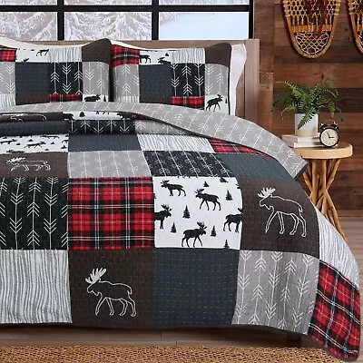 Rustic Lodge Moose Cabin Real Patchwork Reversible Quilt Set Bedspread Coverlet • $69.99