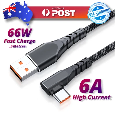 $9.95 • Buy 0.5m- USB To Type C Cable - 6A 66W Aluminum Braided Elbow Fast Charge Data