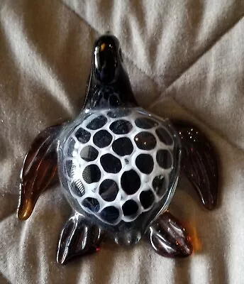 Hand Blown Glass Sea Turtle Murano Style Brown With Black-and-white Spots • $20