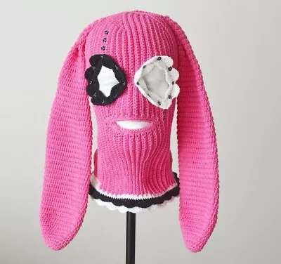 Custom Pink Bunny Crochet Balaclava Knit Cute Beanie 3 Hole Ski Mask With Ears • $120.75