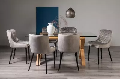 Goya Light Oak Glass 6 Seater & 6 Cezanne Chairs In Grey Velvet Fabric • £1183