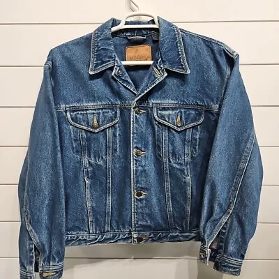 Vtg Blue Denim Jean Dark Wash Work Chore Trucker Hipster Jacket Coat Womens 10 • $27