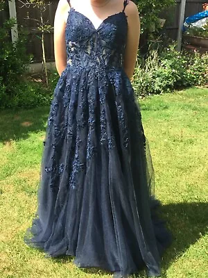 Stacees Blue A-line V Neck Long/Floor-Length Lace Prom Dress With Split Free P&P • £110