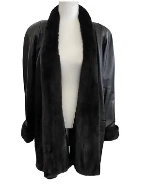 Vintage Dero By Rocco D’Amelio Black Leather Fur Trim Open Front Coat Size Small • $130
