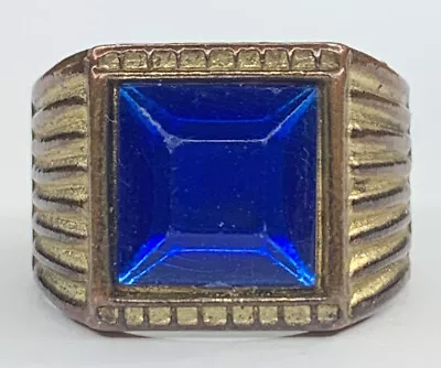 Men’s Art Deco VTG Copper Ribbed Square Cobalt Blue CZ Pinky Ring SZ 7.5 13mm 3G • $39.95