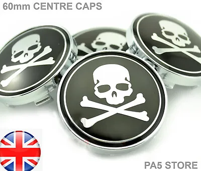 £11.99 • Buy 4x SKULL & CROSS BONES Centre Caps 60mm Pirate Universal Wheel Hub Center - UK -