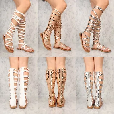 New Fashion Strappy Open Toe Gladiator Mid Calf Knee High Sandals Flat Size G35 • $34.99