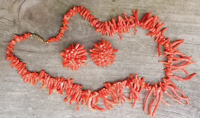 Vintage ITALIAN Red Branch Coral Necklace And Clip-On Earrings Mid Century • $42