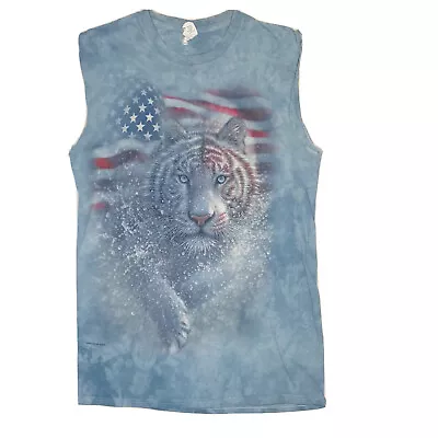 Colin Bogle Graphic Tank Top Adult Small Blue Sleeveless Shirt US Flag Tiger • $4.95