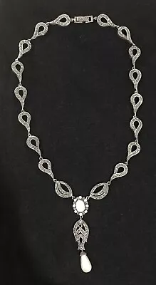 Vintage Gorgeous Sterling Silver Marcasite Mother If Pearl Drop Pearl Necklace • $180