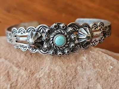 VINTAGE NATIVE AMERICAN NAVAJO TURQUOISE Pawn SILVER CUFF BRACELET W STAMPING 1 • £32.44