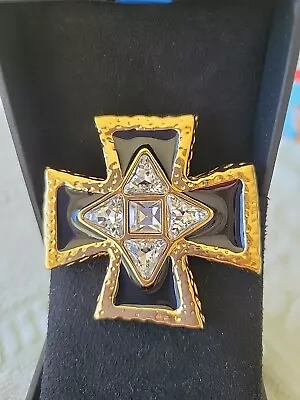 Stunning Saint John Gold Plate Black Enamel Maltese Cross Pin/ Faceted Crystals • $55