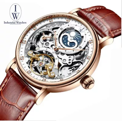 Industrial Watches: Luxury Skeleton Mechanical Watch Rose Gold White Dial Brown • $165.83