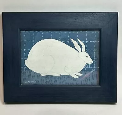 Vintage WARREN KIMBLE Framed Folk Art White Rabbit-Bunny W Carrot On Blue • $19.95