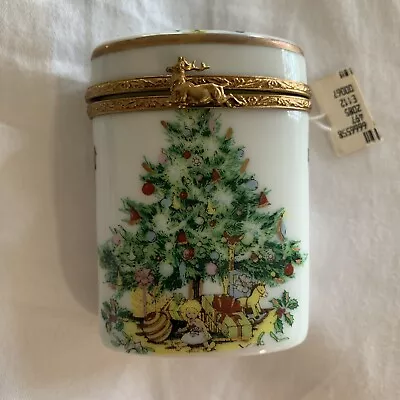 Vintage Limoges France Christmas Tree & Santa Trinket Box Oval Reindeer Clasp • $50