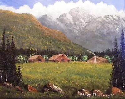 8 X 10 Original Landscape Painting Rocky Mountain Farm & Cabin Acrylic On Canvas • $12
