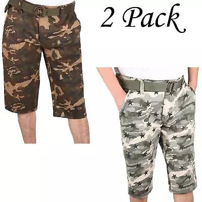 2 Pack Mens Camouflage Shorts Work Cargo Combat Army Casual Work Short Free Belt • £14.39