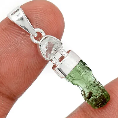 Natural Grnuine Czech Moldavite & Herkimer Diamond 925 Silver Pendant CP21176 • $37.99