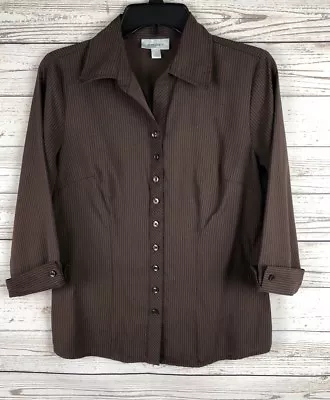 Dressbarn Small Button Down Pinstripe Brown Black  Blouse Shirt Top D3 • $12.95