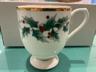 Mikasa Ribbon Holly China Christmas Holiday Set Of 4 Footed Mugs NIB • $45