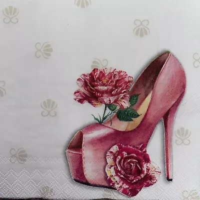 5 X Paper Cocktail Napkins/Decoupage/Craft/Pink Fashion Wedge Shoe Rose SC75 • £1.40