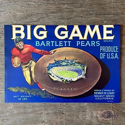 Vintage Original 1920s BIG GAME Football PEARS Fruit Crate Label Unused NOS • $11.96