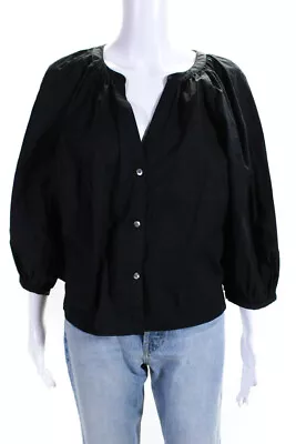 Staud Womens Cotton Button Up V-Neck Puff Sleeve Blouse Top Black Size L • $60.99