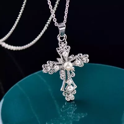 Women 925 Sterling Silver Plated Faux PEARL CROSS Cubic Pendant Necklace N123 • $11.99