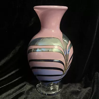 Pink Purple Silver Art Glass Vase Clear Base 7.5” • $11.50