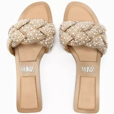 New Zara Tan Beige Pearl Woven Rhinestone Slip On Sandals Size 9 Slides 40 • $65