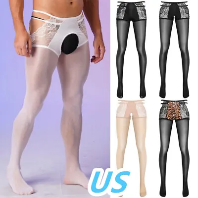 US Men Glossy Compression Pants Hollow Out Crotchless Tights Stockings Pantyhose • $9.46